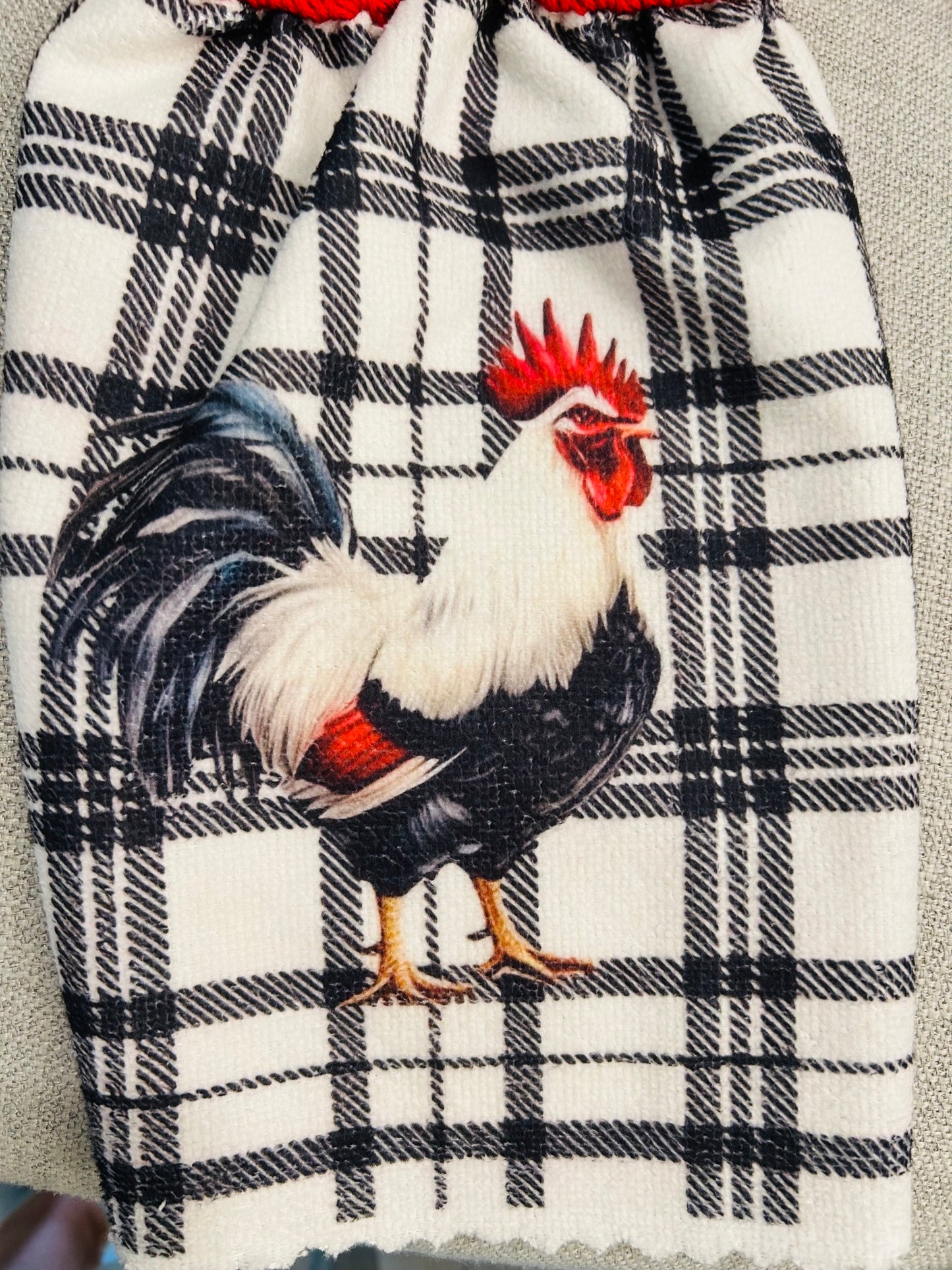 Chicken Hen Rooster| Crochet top kitchen towel | Farm Life | Red and Black Plaid | Home Decor Gift