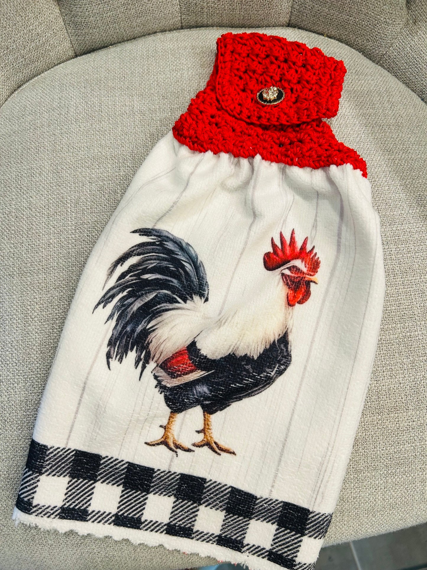 Chicken Hen Rooster| Crochet top kitchen towel | Farm Life | Red and Black Plaid | Home Decor Gift