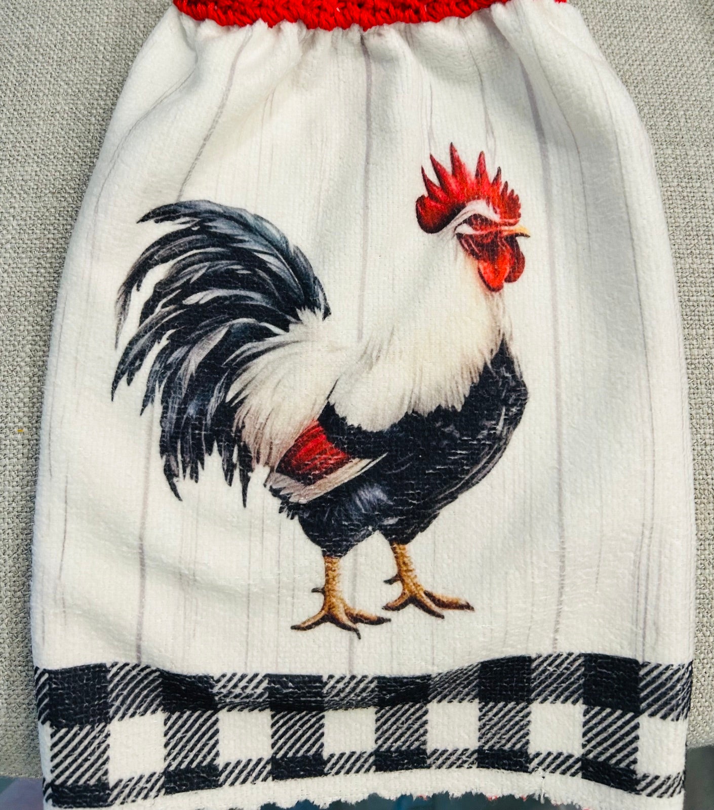 Chicken Hen Rooster| Crochet top kitchen towel | Farm Life | Red and Black Plaid | Home Decor Gift