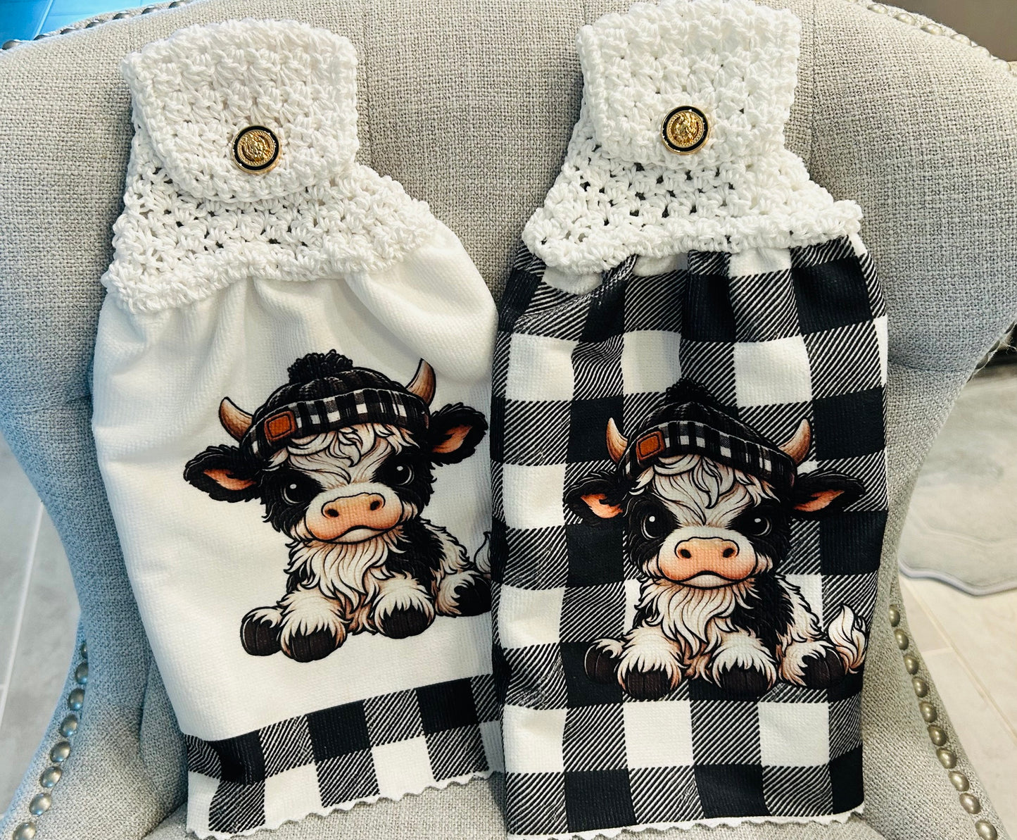 Cow Collection | Kitchen towel | Baby Highland cows in sock hats | Checkered