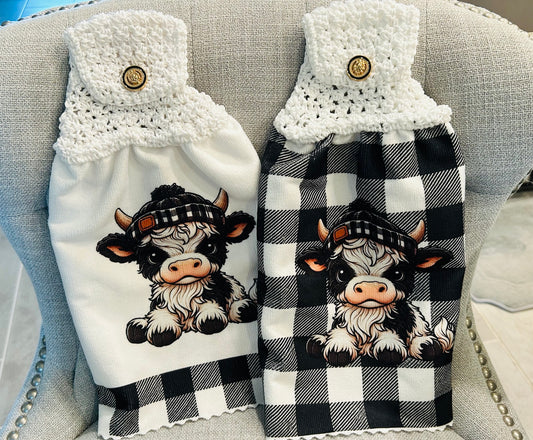 Cow Collection | Kitchen towel | Baby Highland cows in sock hats | Checkered