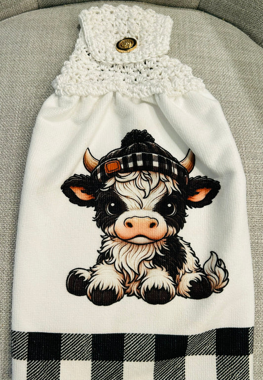 Cow Collection | Kitchen towel | Baby Highland cows in sock hats | Checkered