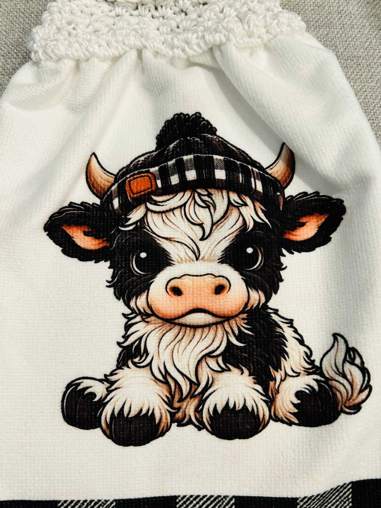 Cow Collection | Kitchen towel | Baby Highland cows in sock hats | Checkered