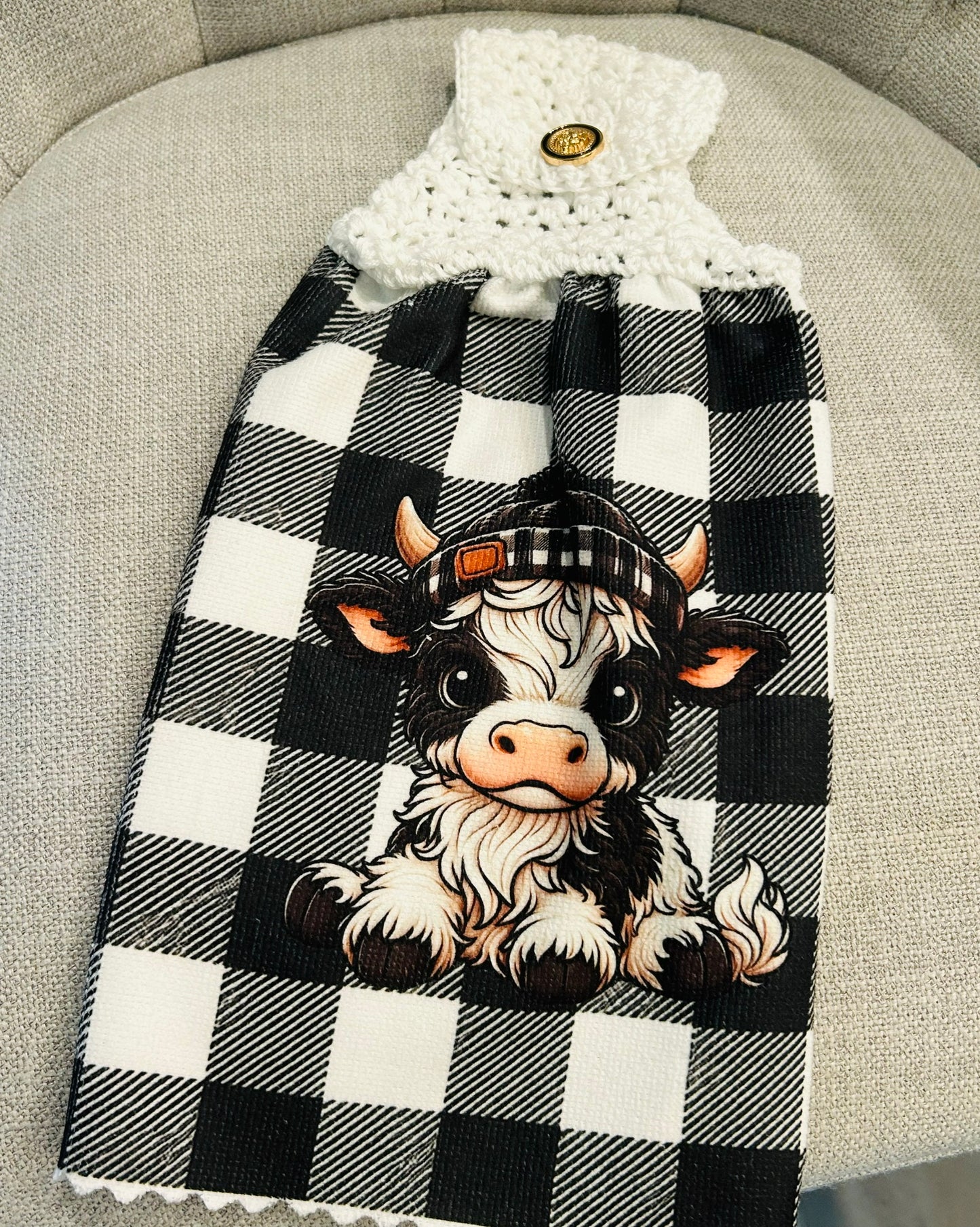 Cow Collection | Kitchen towel | Baby Highland cows in sock hats | Checkered