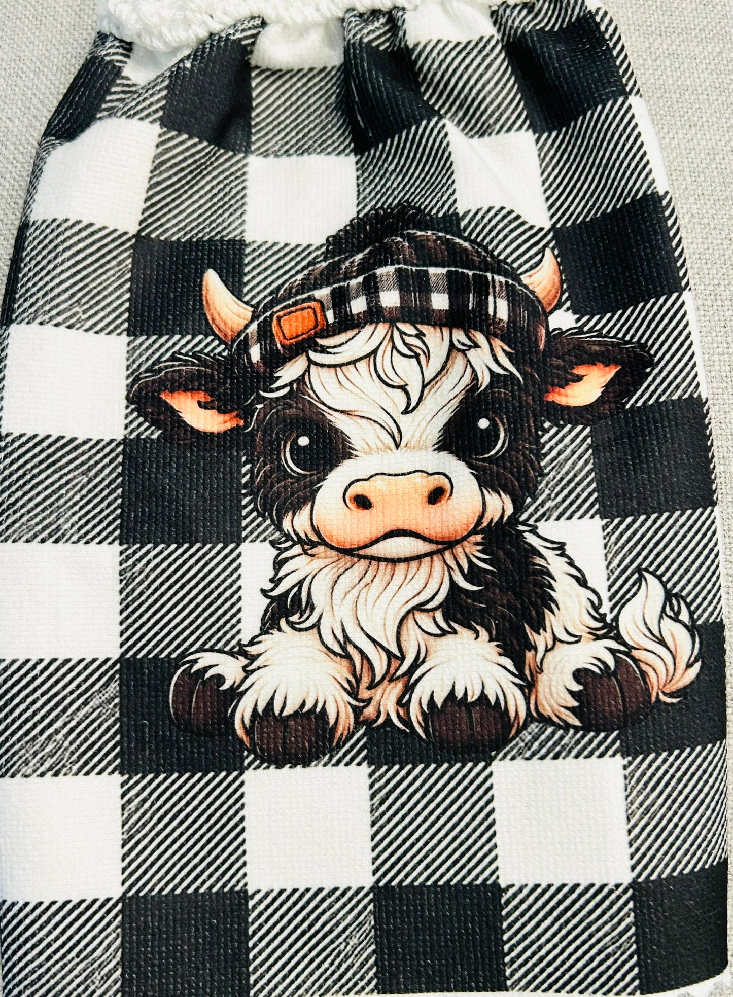 Cow Collection | Kitchen towel | Baby Highland cows in sock hats | Checkered