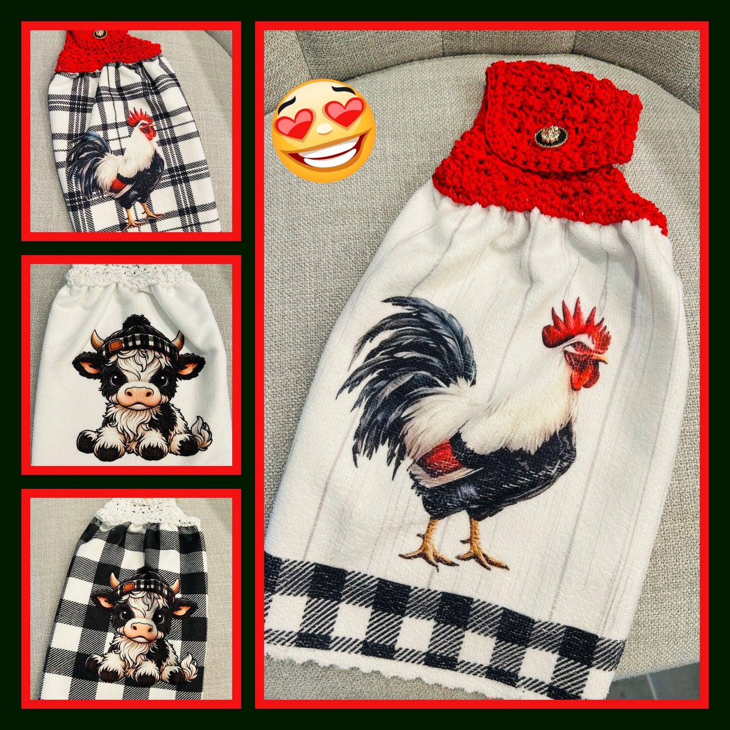 Chicken Hen Rooster| Crochet top kitchen towel | Farm Life | Red and Black Plaid | Home Decor Gift
