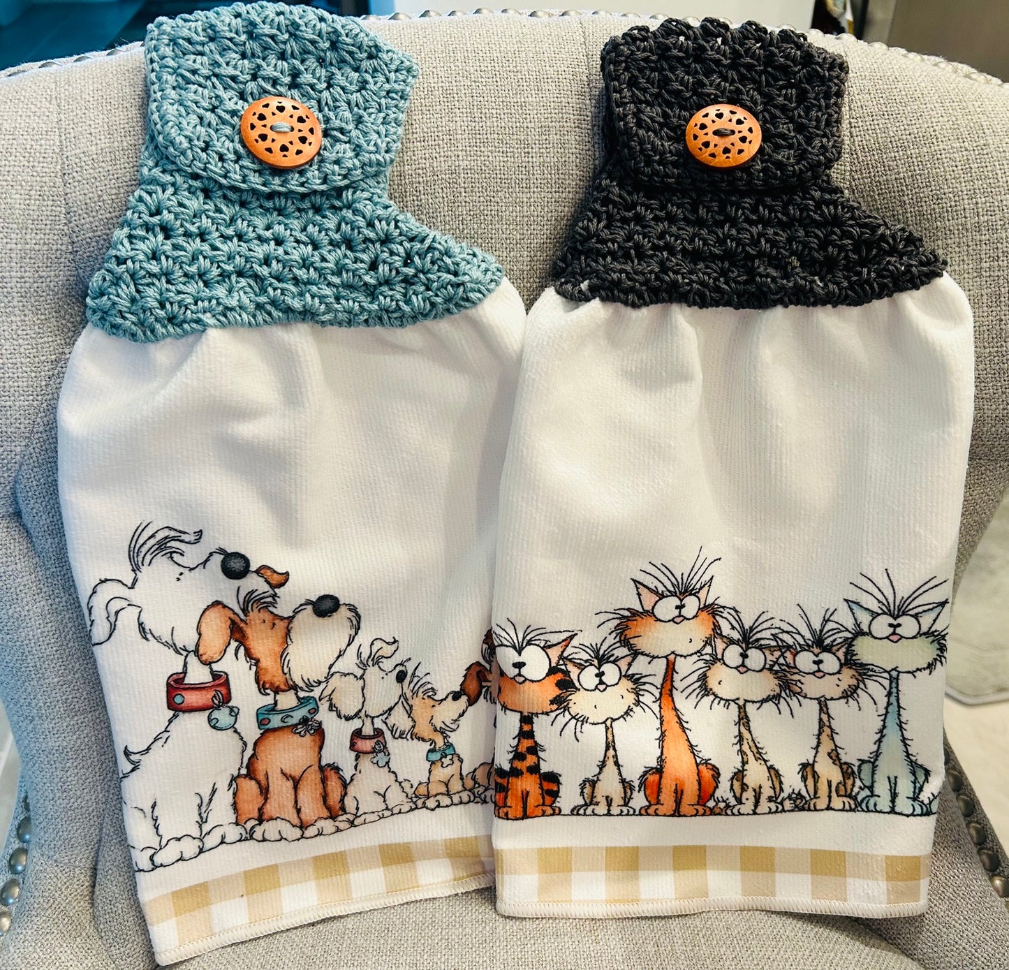 Crochet top | Kitchen towel | CARTOON CATS and DOGS | Fun Gift Home Decor