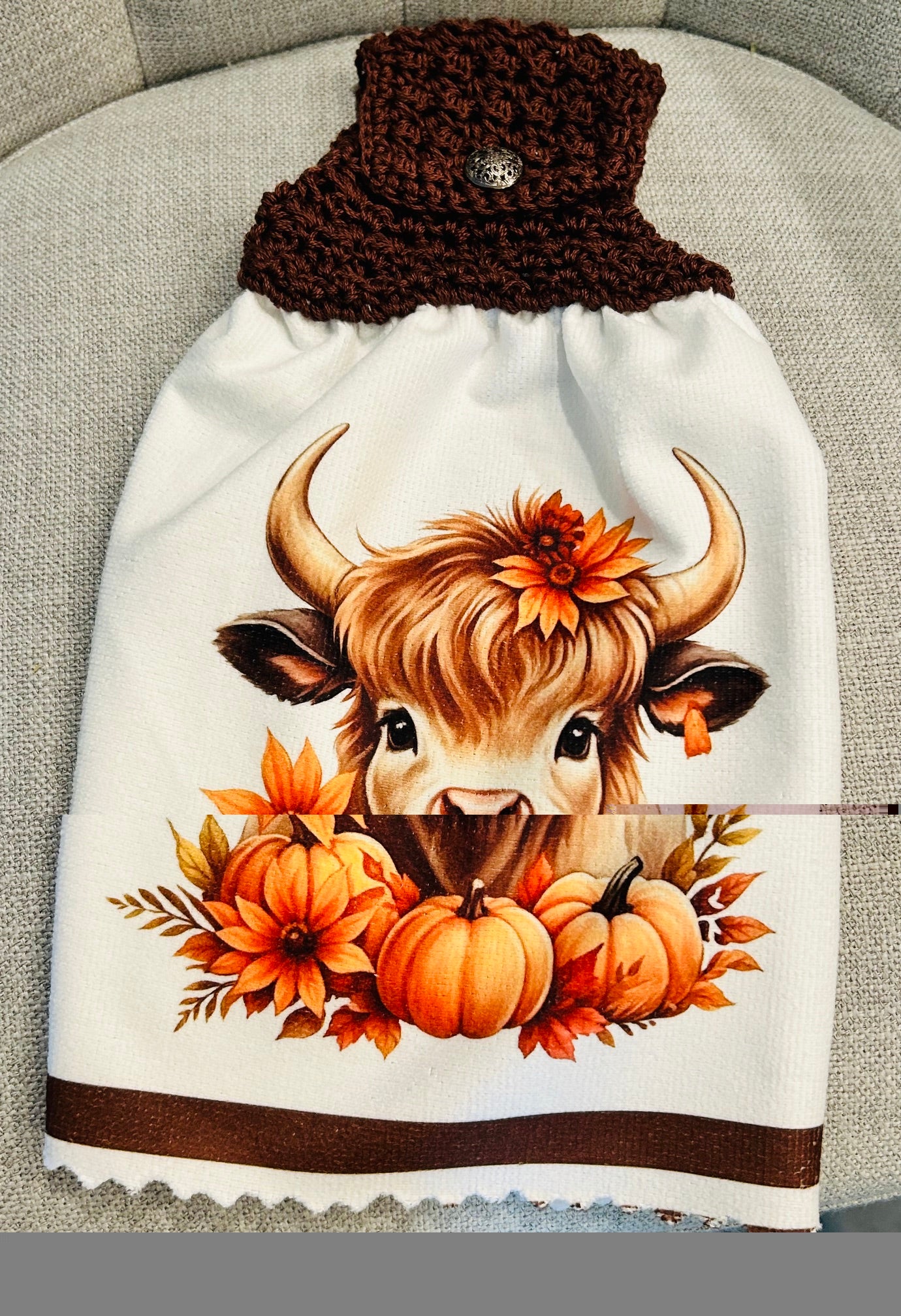 Crochet top kitchen towel | FARM LIFE Highland Cows | Beautiful Home Decor Gift