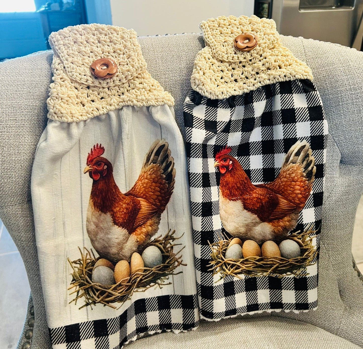 Chicken Hen Rooster collection| Crochet top kitchen | Farm Life Checkered Nest | Home Decor Gift