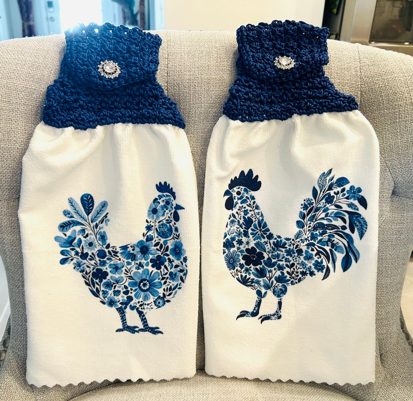 Chicken Hen Rooster| Crochet top kitchen towel | Farm Life Blue Floral Jewel button | Home Decor Gift
