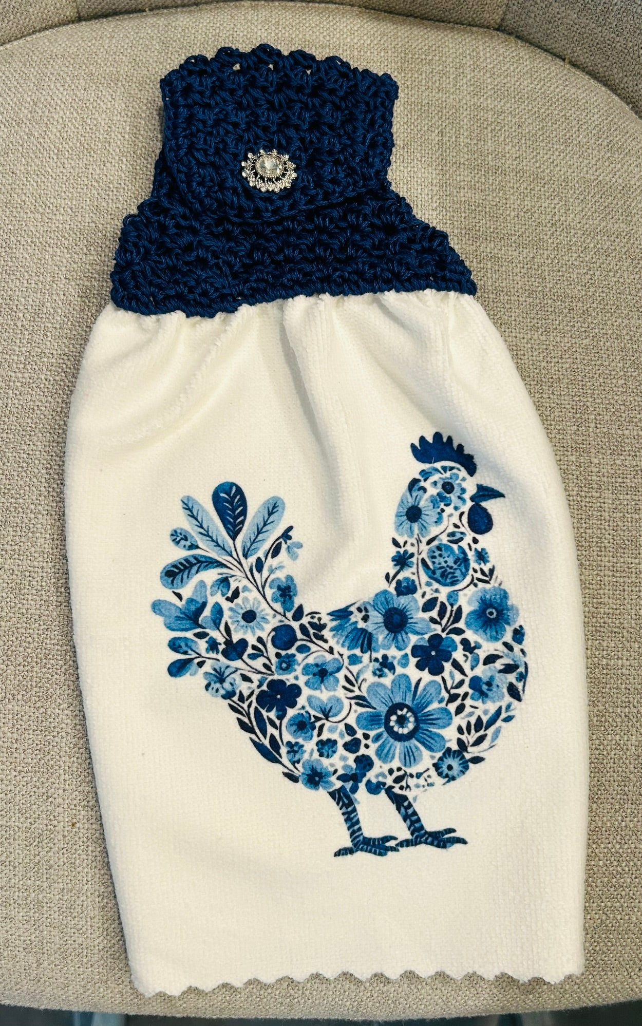Chicken Hen Rooster| Crochet top kitchen towel | Farm Life Blue Floral Jewel button | Home Decor Gift