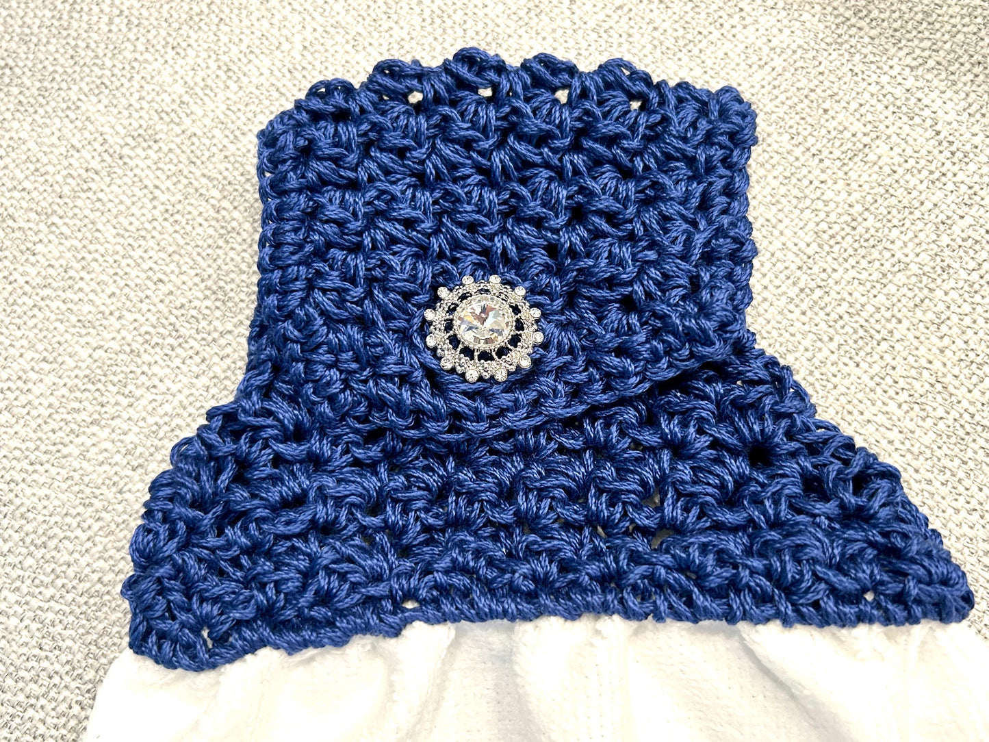 Chicken Hen Rooster| Crochet top kitchen towel | Farm Life Blue Floral Jewel button | Home Decor Gift
