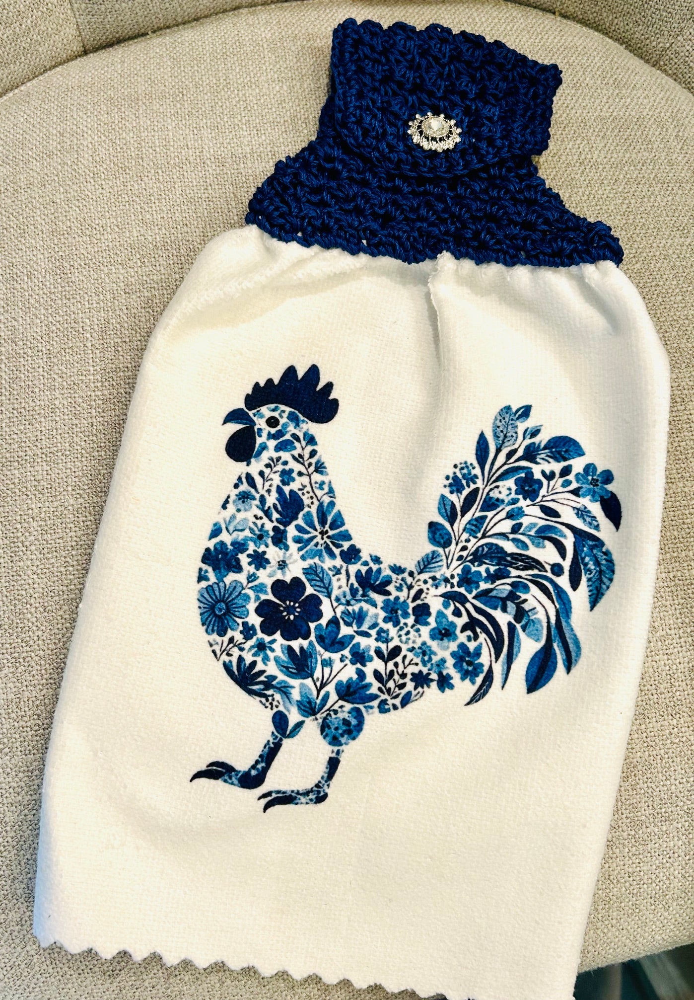 Chicken Hen Rooster| Crochet top kitchen towel | Farm Life Blue Floral Jewel button | Home Decor Gift