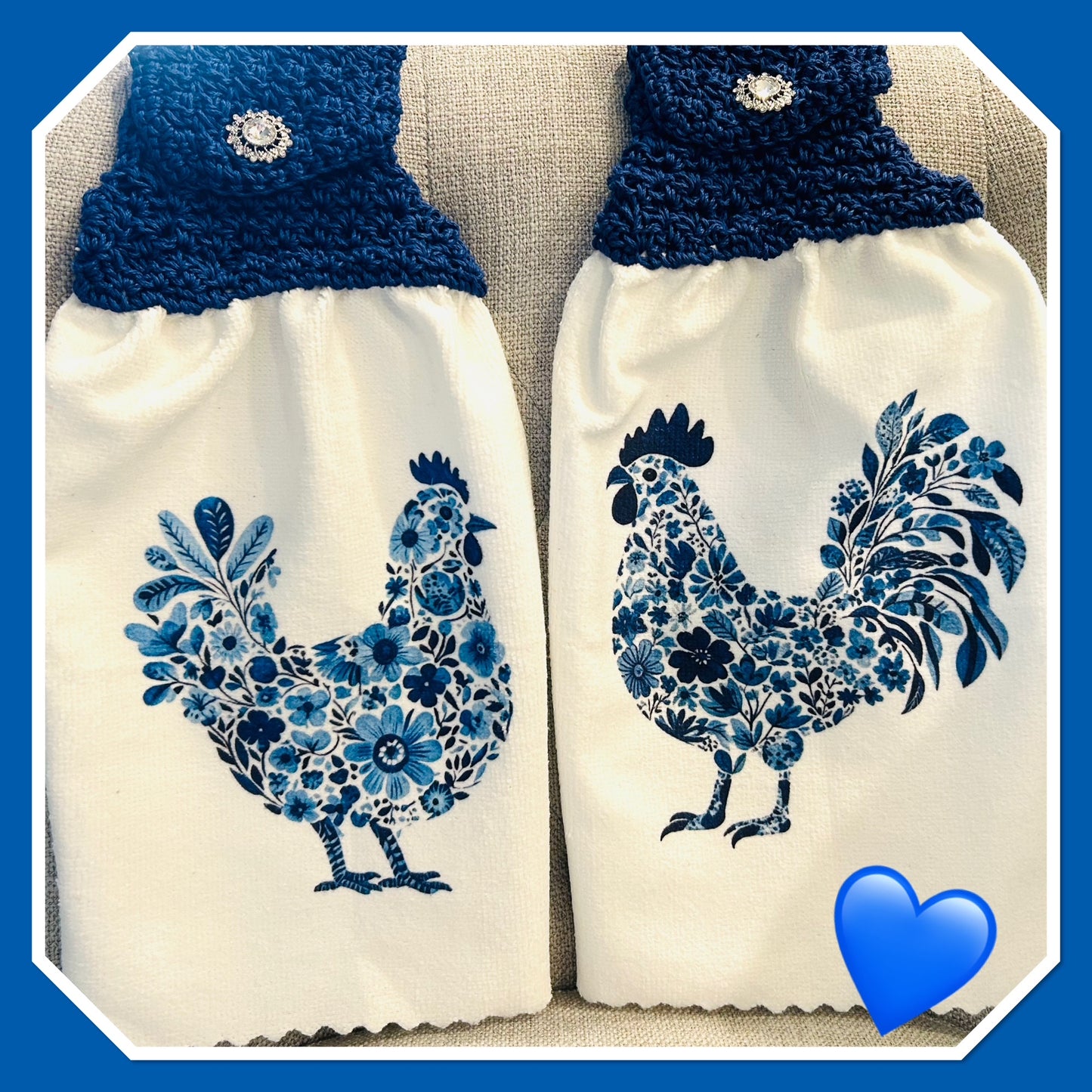 Chicken Hen Rooster| Crochet top kitchen towel | Farm Life Blue Floral Jewel button | Home Decor Gift