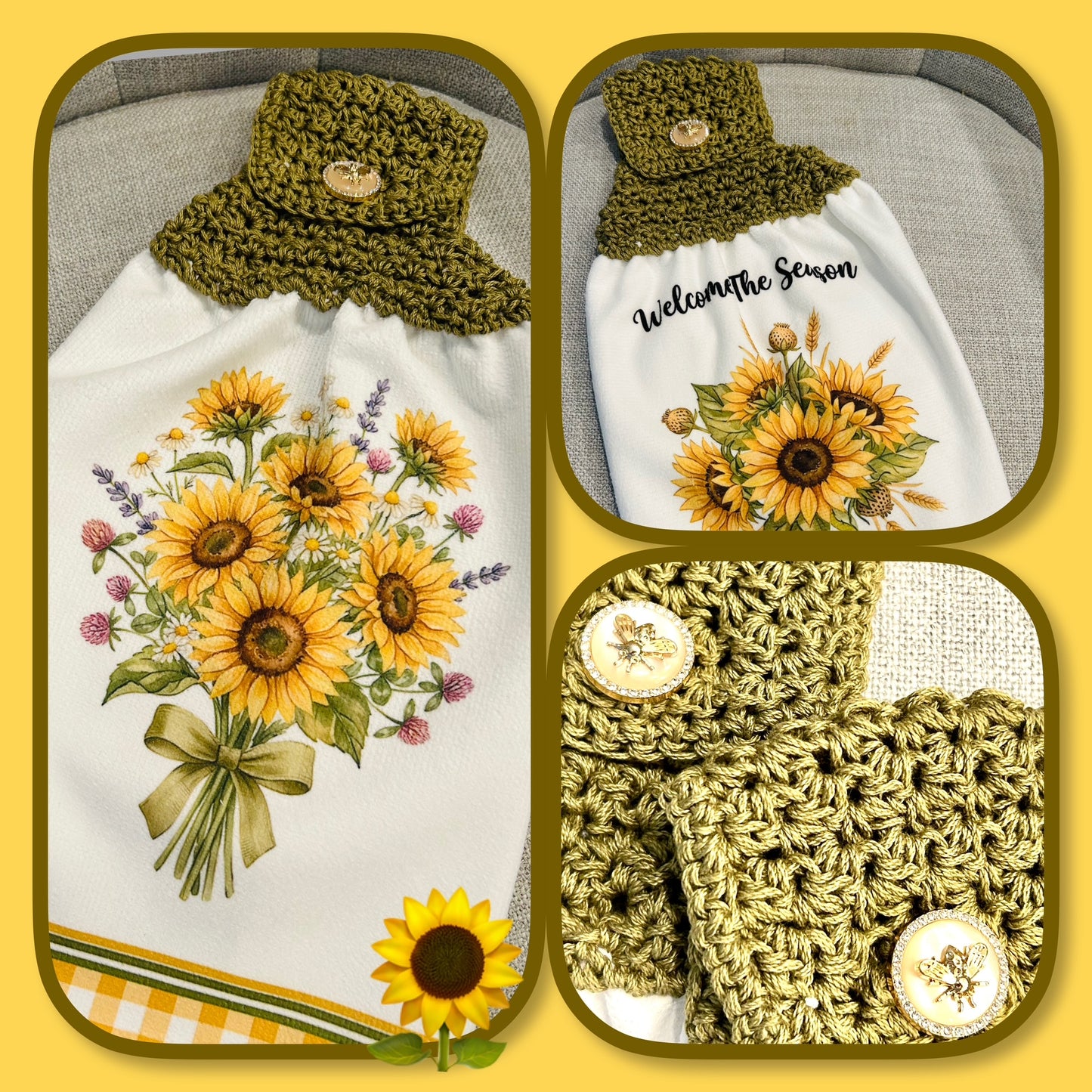 Crocheted top kitchen towel | SUNFLOWERS Floral Bee Button | Home Decor Gift