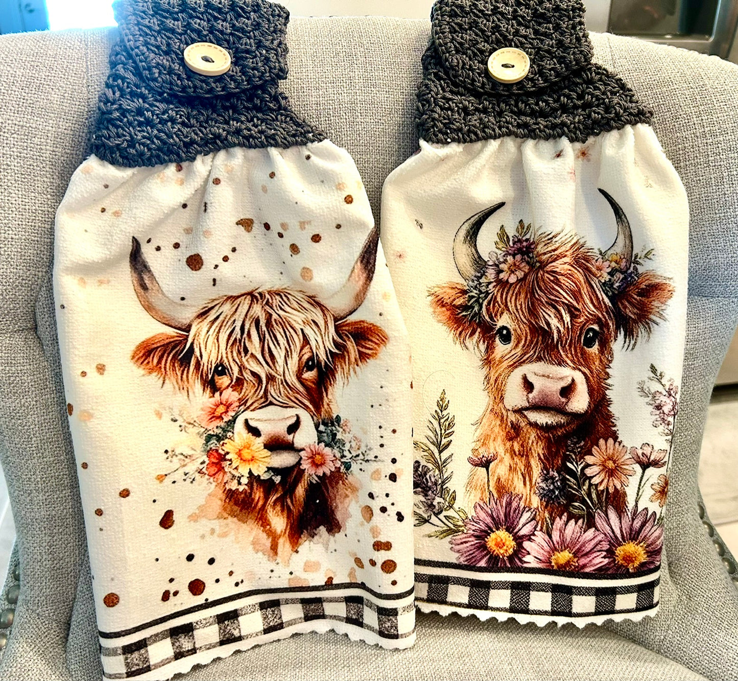 Cow Collection | Crochet Top Kitchen towel | Highland cow & Floral collection