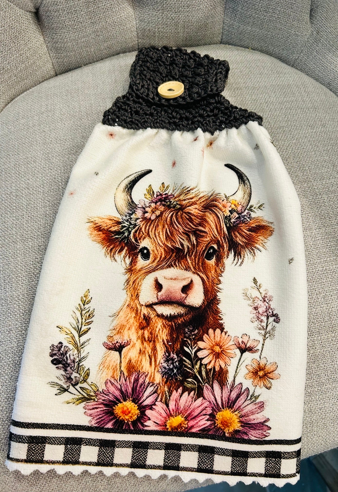 Cow Collection | Crochet Top Kitchen towel | Highland cow & Floral collection