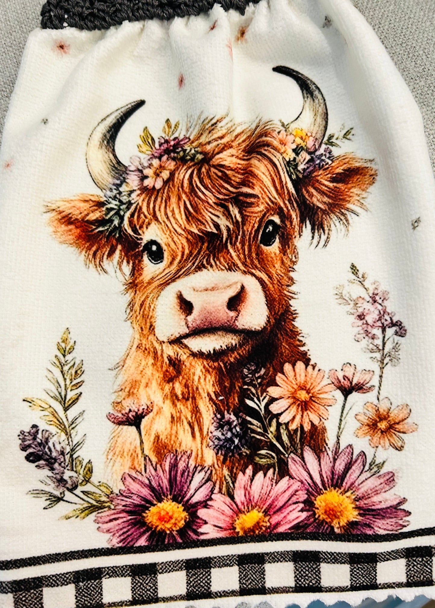 Cow Collection | Crochet Top Kitchen towel | Highland cow & Floral collection