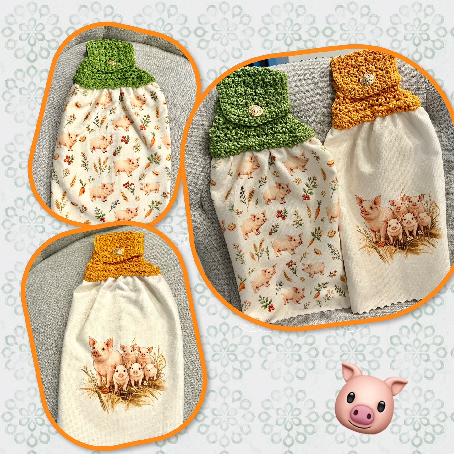 Farm Life Collection | Crochet Top Kitchen towel | Piggy and family | Home Decor Gift