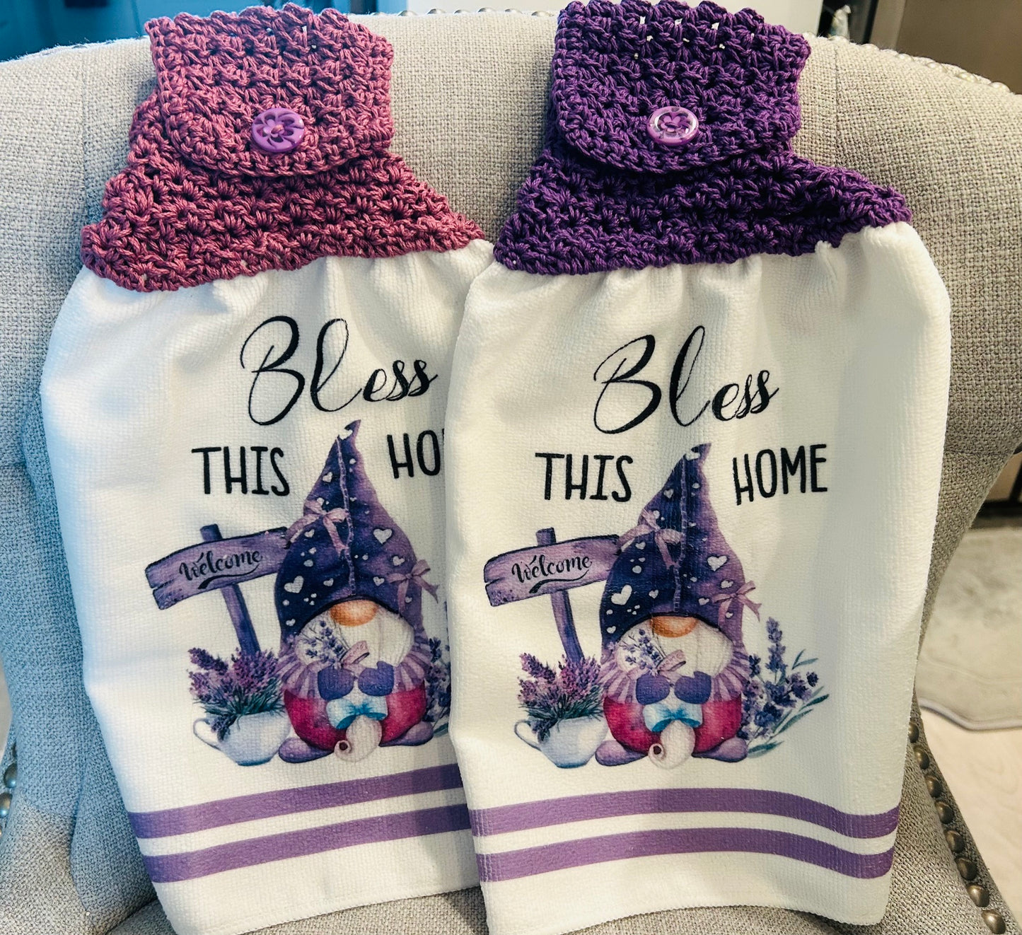 Crochet top | Kitchen towel | GNOMES | Bless This Home | Gift Home Decor Purple Lilac