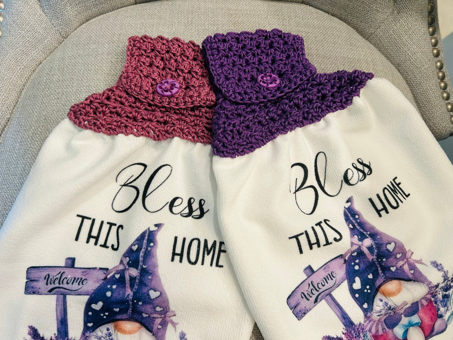 Crochet top | Kitchen towel | GNOMES | Bless This Home | Gift Home Decor Purple Lilac