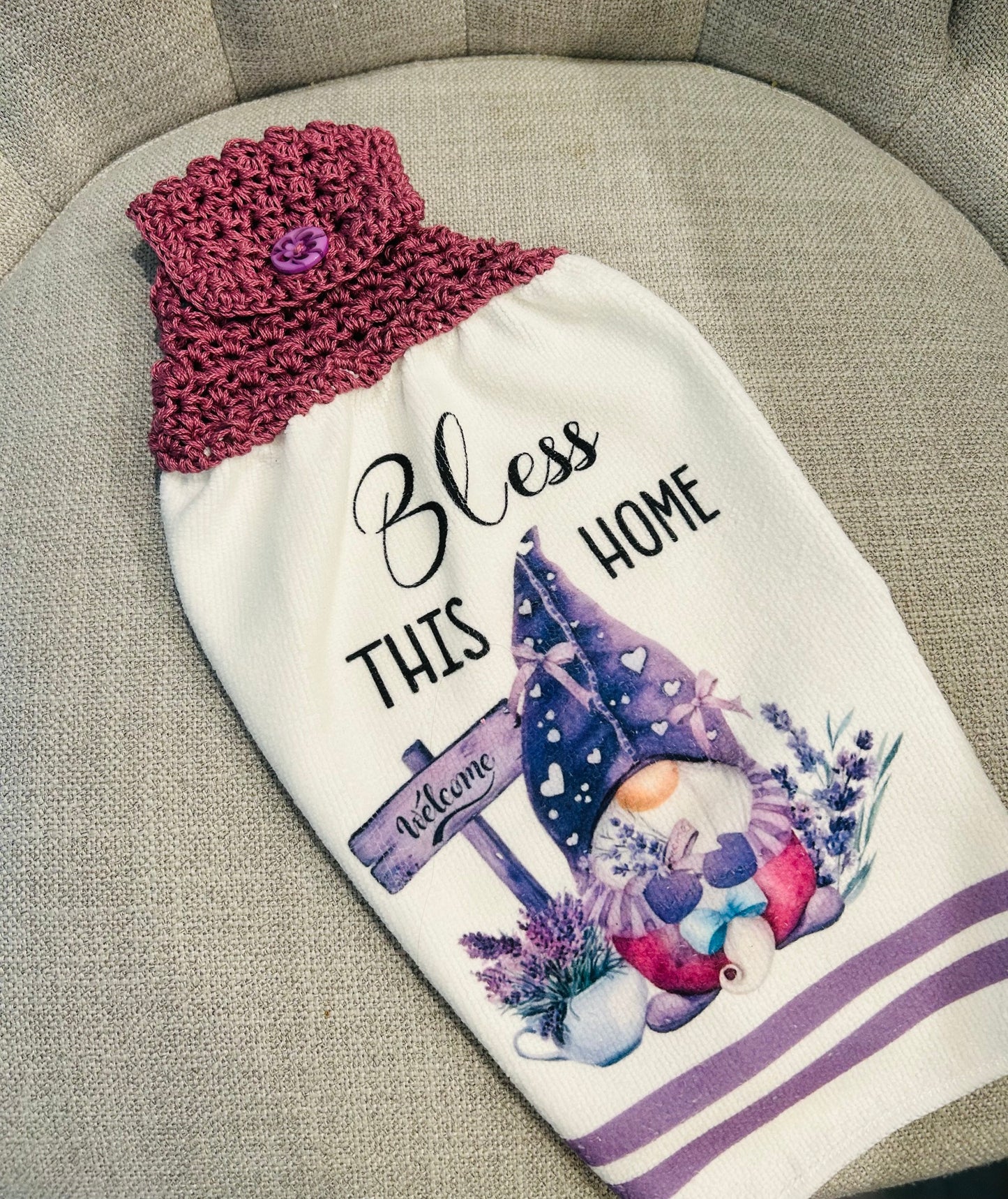 Crochet top | Kitchen towel | GNOMES | Bless This Home | Gift Home Decor Purple Lilac