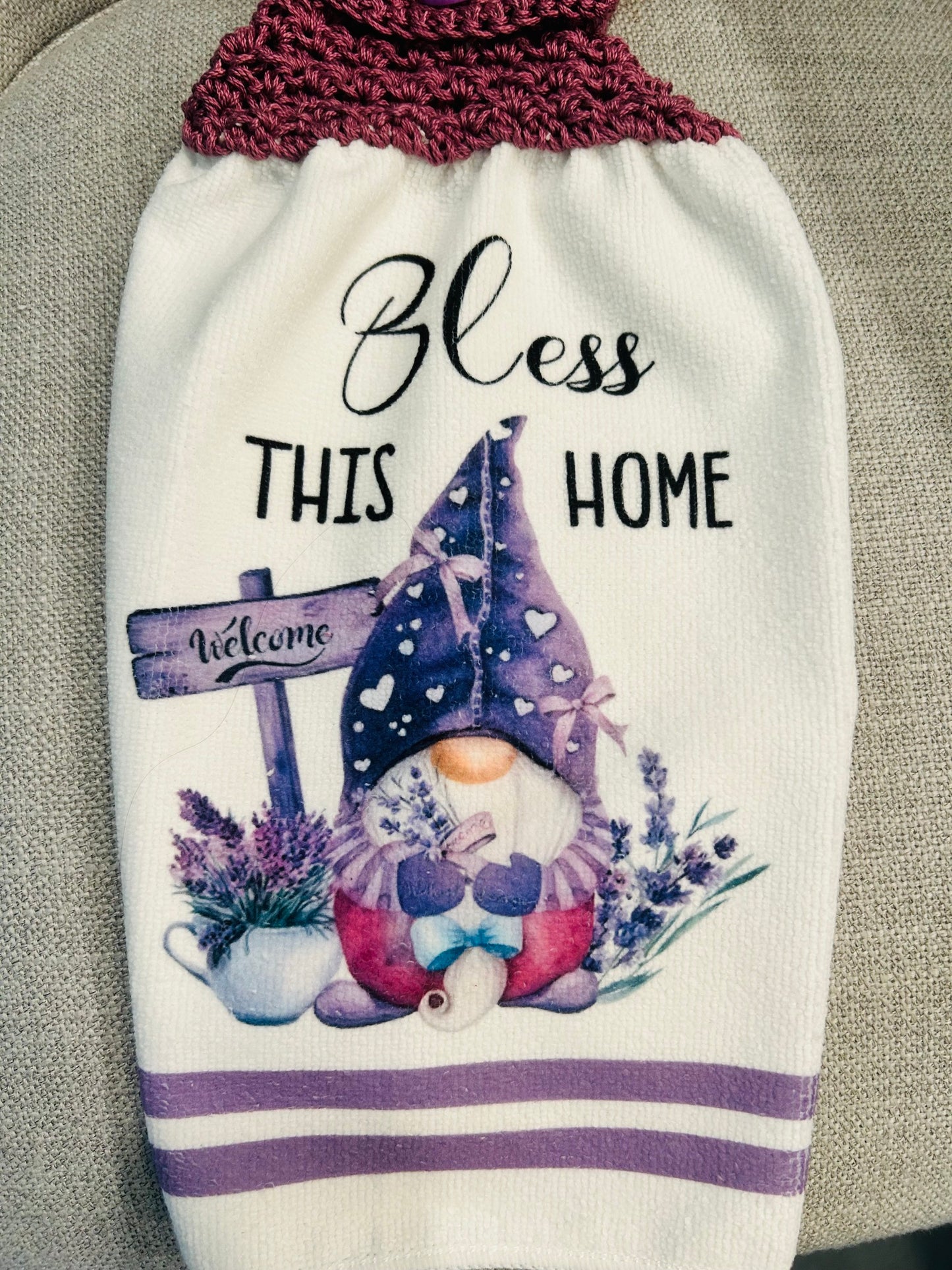 Crochet top | Kitchen towel | GNOMES | Bless This Home | Gift Home Decor Purple Lilac