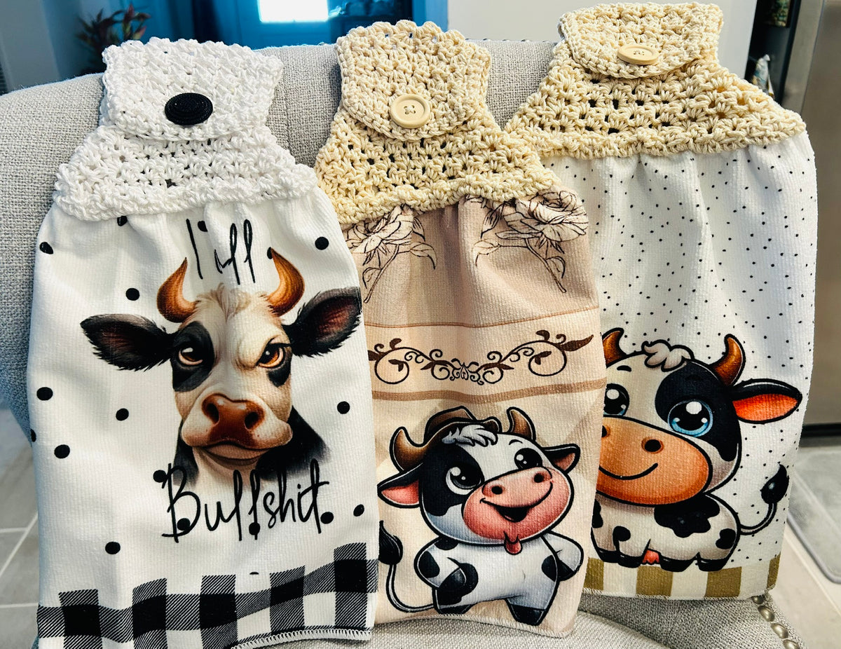 Crochet top kitchen towel | FARM LIFE Cows Fun | Home Decor Gift