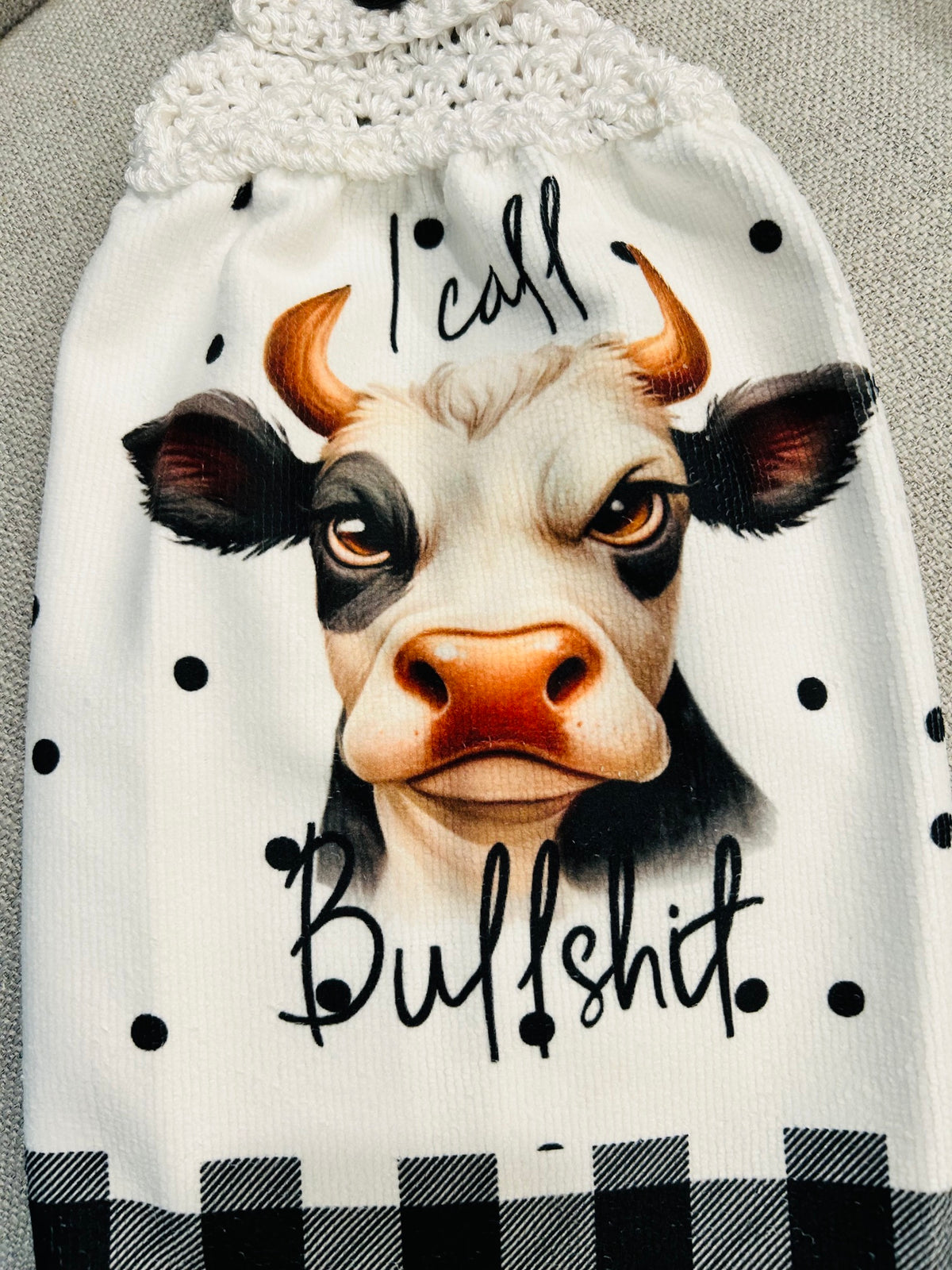 Crochet top kitchen towel | FARM LIFE Cows Fun | Home Decor Gift