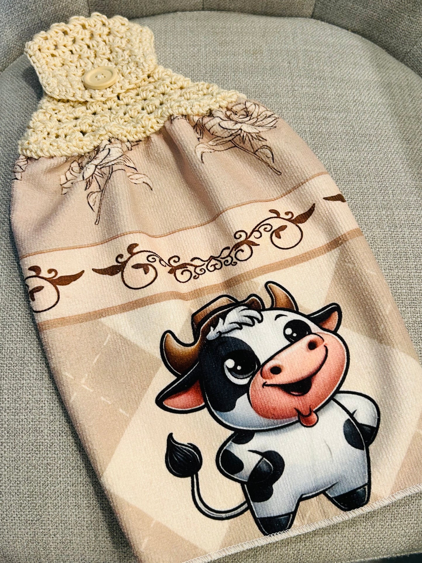 Crochet top kitchen towel | FARM LIFE Cows Fun | Home Decor Gift