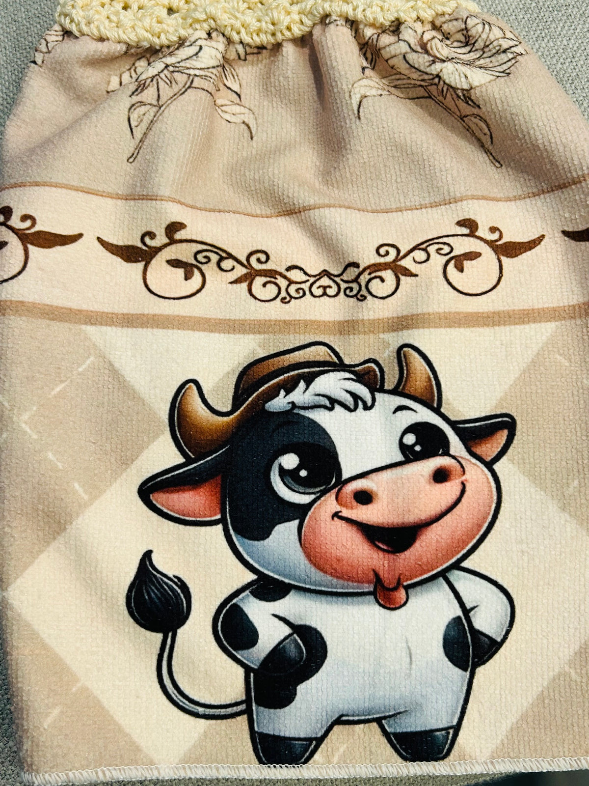 Crochet top kitchen towel | FARM LIFE Cows Fun | Home Decor Gift
