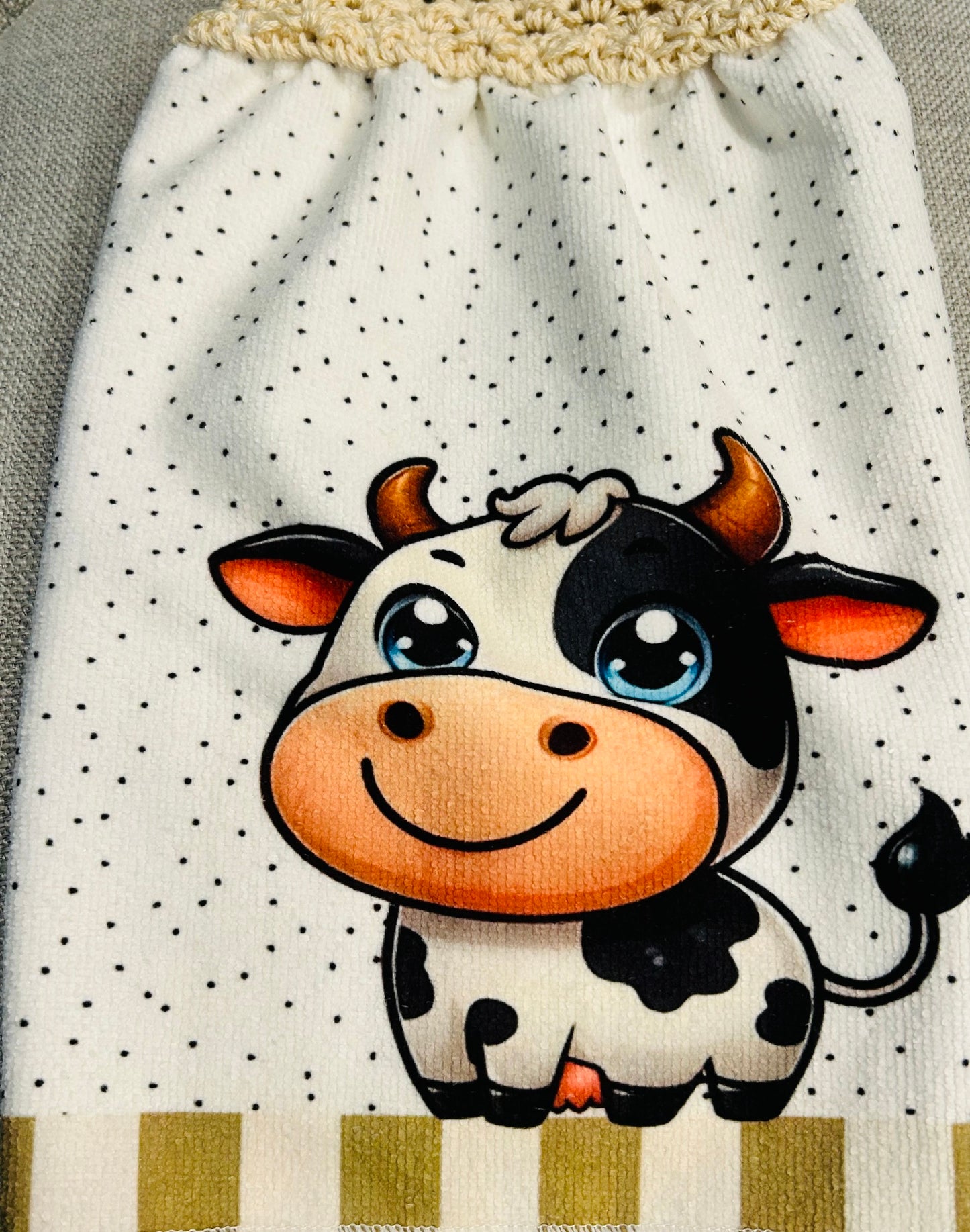 Crochet top kitchen towel | FARM LIFE Cows Fun | Home Decor Gift