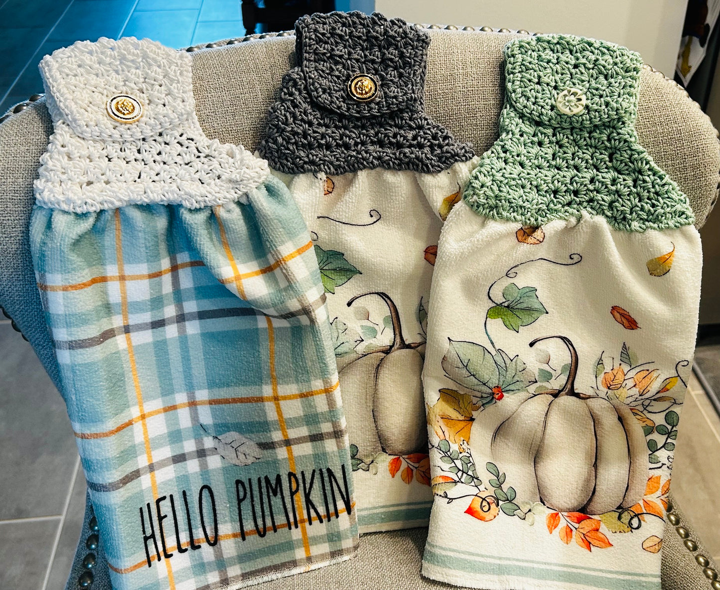 Crochet top | Kitchen towels | FALL COLORS Pumpkins | Home Decor Gift