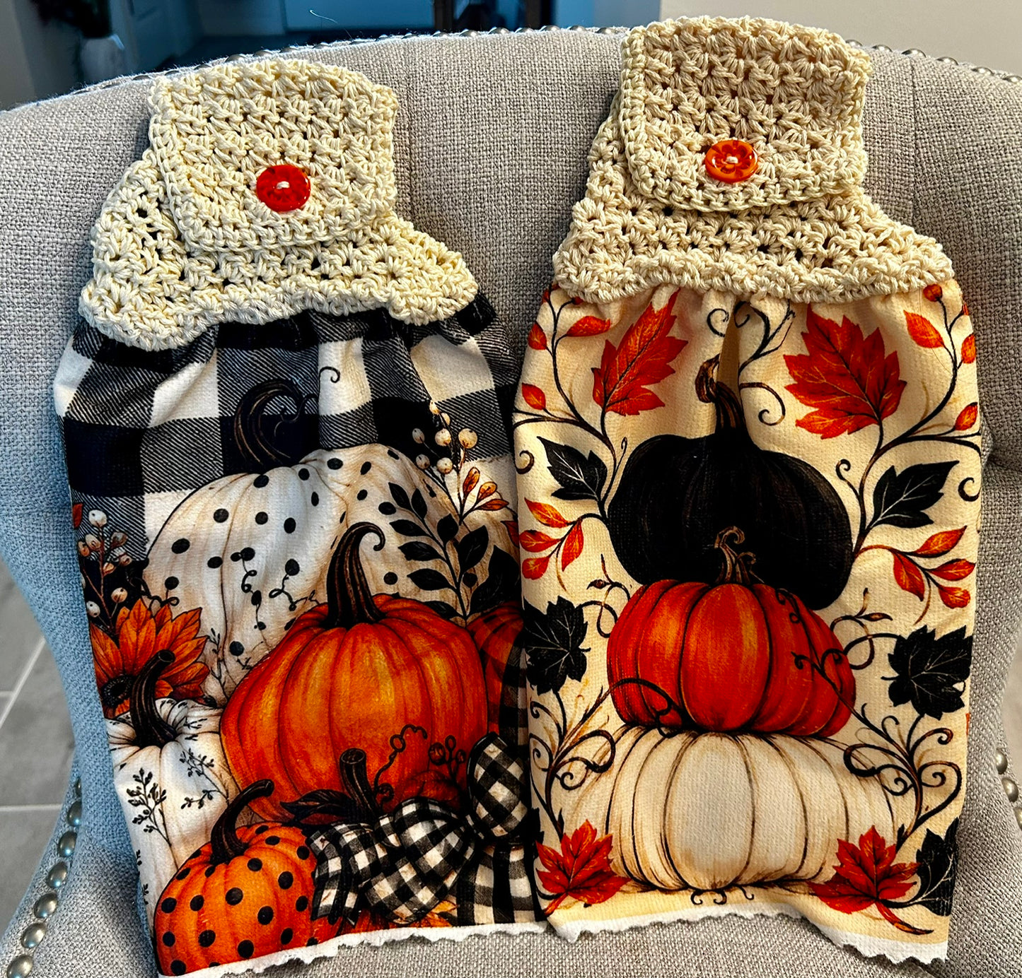 Crochet top | Kitchen towels | Bright FALL COLORS Pumpkins | Home Decor Gift