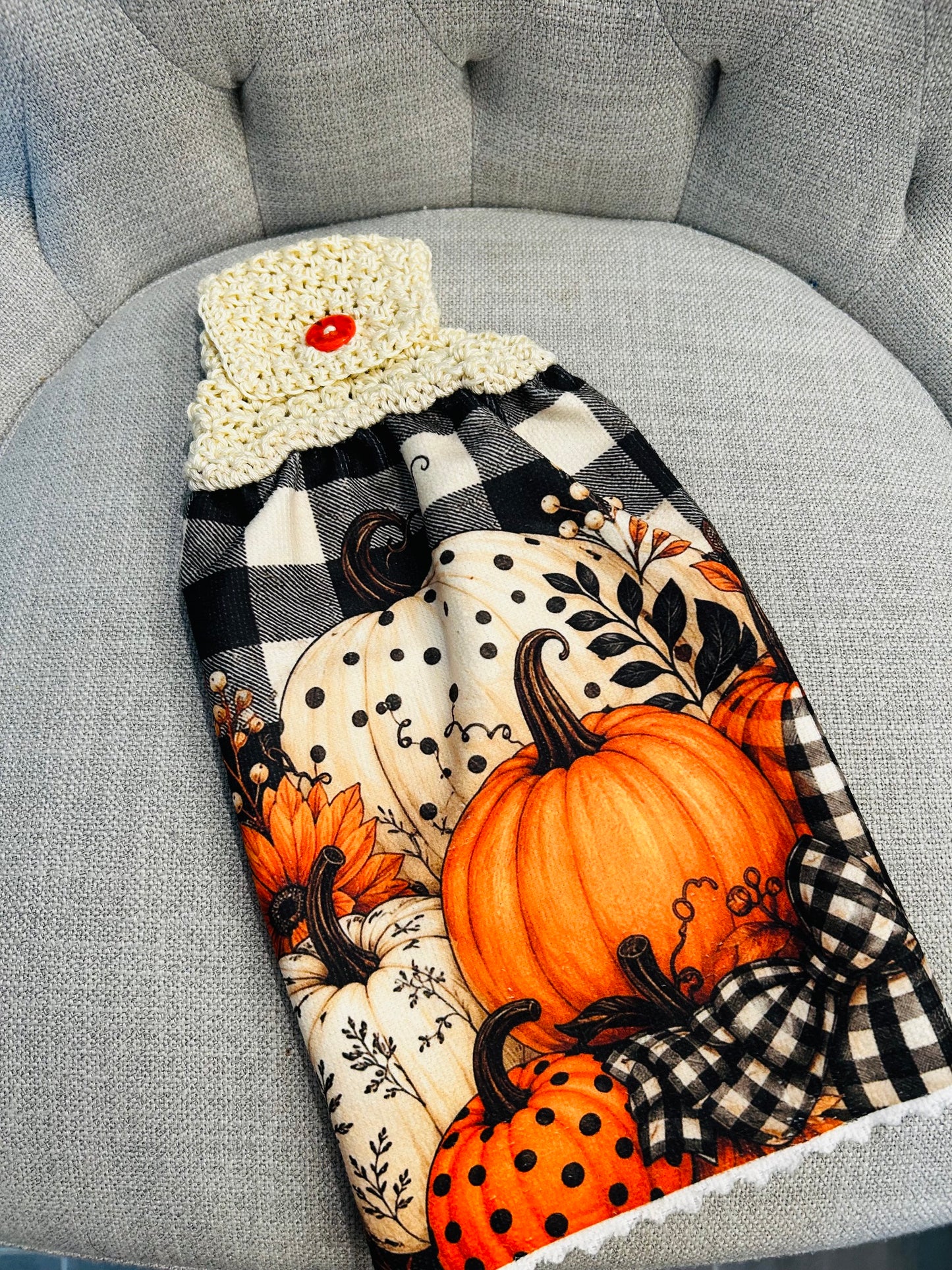 Crochet top | Kitchen towels | Bright FALL COLORS Pumpkins | Home Decor Gift