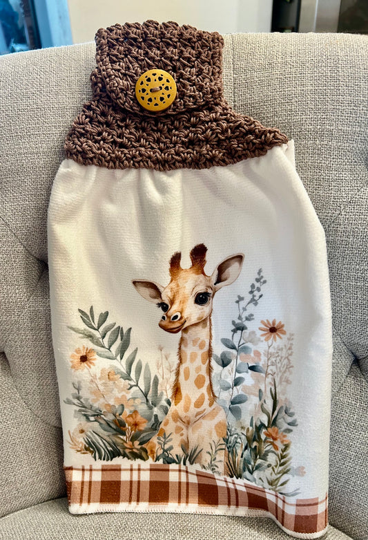 Crocheted top kitchen towel | Baby Giraffe Zoo | Home Decor | Gift