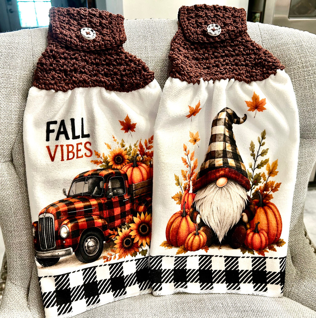Crochet top | Kitchen towels | FALL COLORS Plaid Gnome Truck | Home Decor Gift