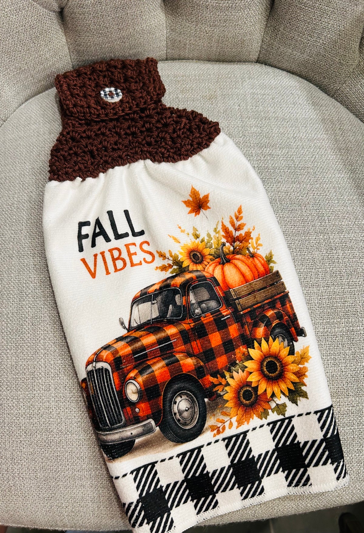 Crochet top | Kitchen towels | FALL COLORS Plaid Gnome Truck | Home Decor Gift