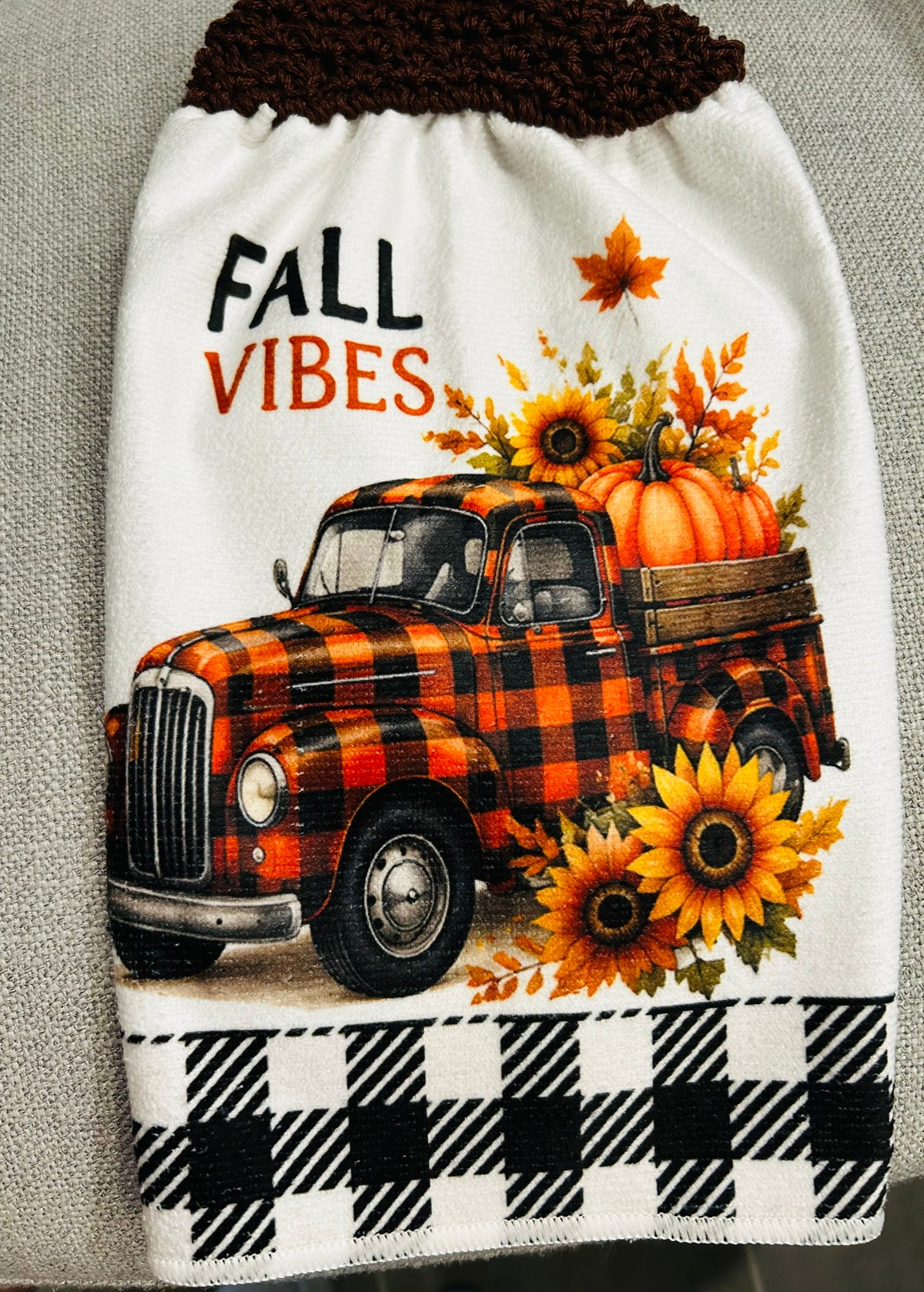Crochet top | Kitchen towels | FALL COLORS Plaid Gnome Truck | Home Decor Gift