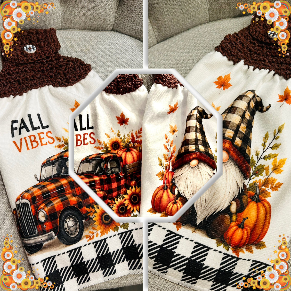 Crochet top | Kitchen towels | FALL COLORS Plaid Gnome Truck | Home Decor Gift