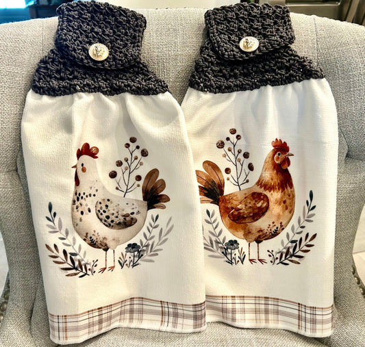 Chicken Hen Rooster| Crochet top kitchen towel | Farm Life Plaid White Jewel button | Home Decor Gift