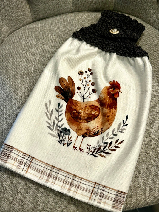 Chicken Hen Rooster| Crochet top kitchen towel | Farm Life Plaid White Jewel button | Home Decor Gift
