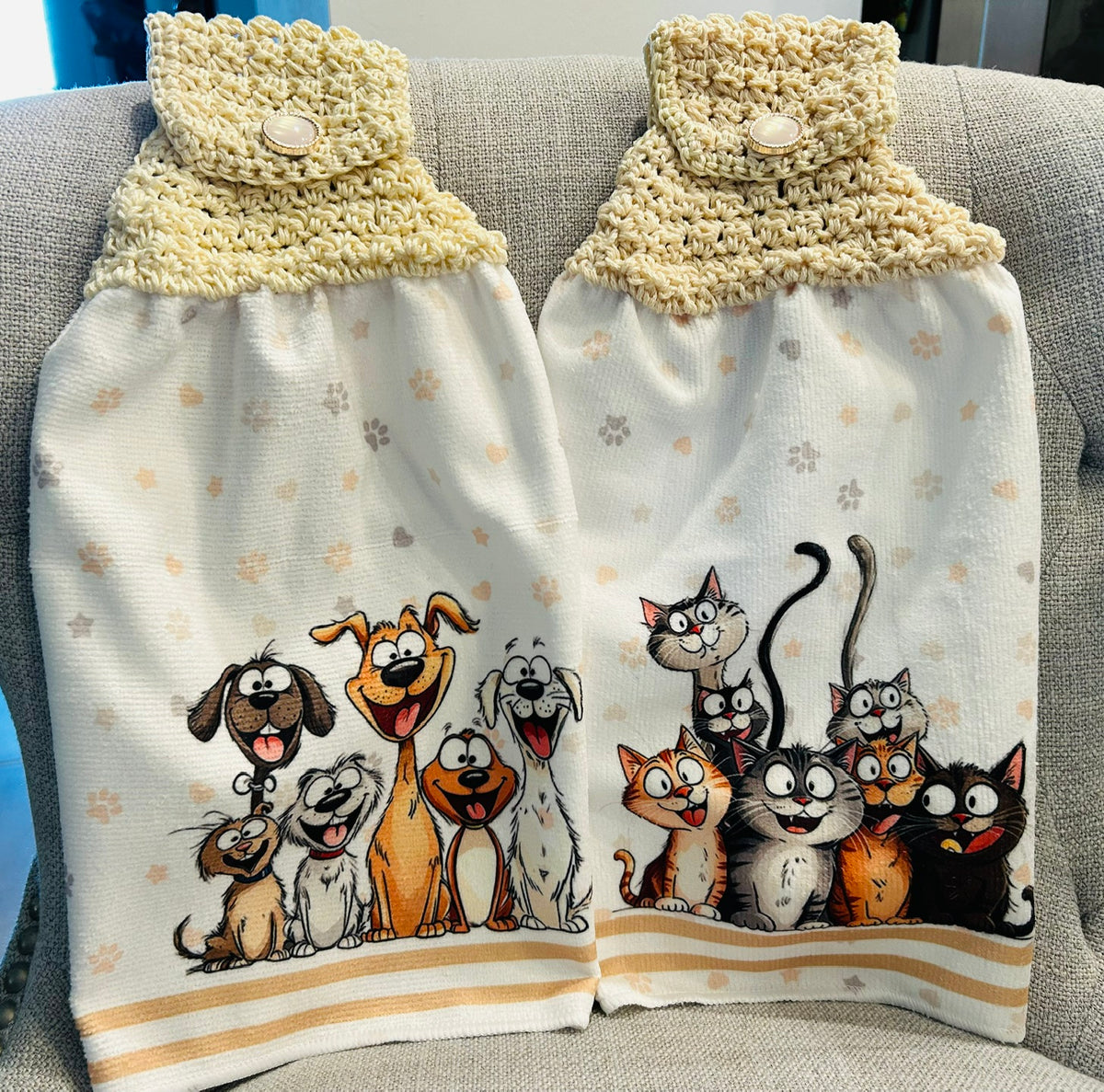 Crochet top | Kitchen towel | CARTOON CATS and DOGS | Fun Gift Home Decor