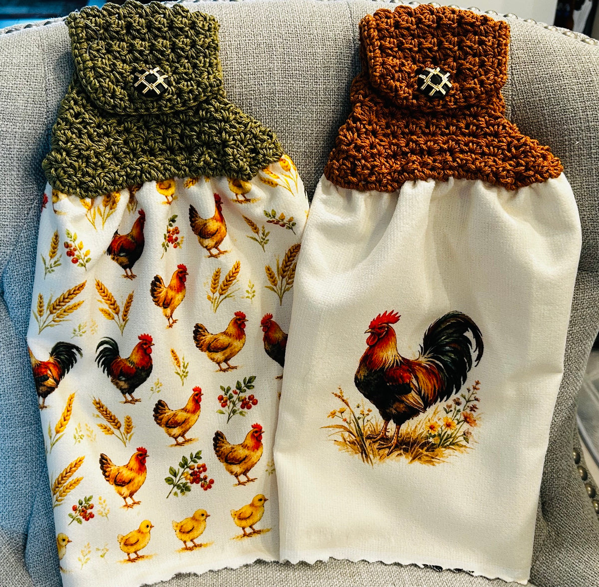 Chicken Hen Rooster| Crochet top kitchen towel | Bright Rooster Farmhouse Design | Home Decor Gift