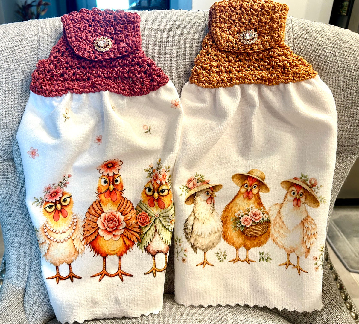 Chicken Hen Rooster | Crochet top kitchen towel | Farm Life | Fancy Hens Jewel Button | Home Decor Gift