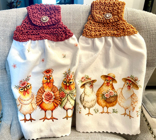 Chicken Hen Rooster | Crochet top kitchen towel | Farm Life | Fancy Hens Jewel Button | Home Decor Gift