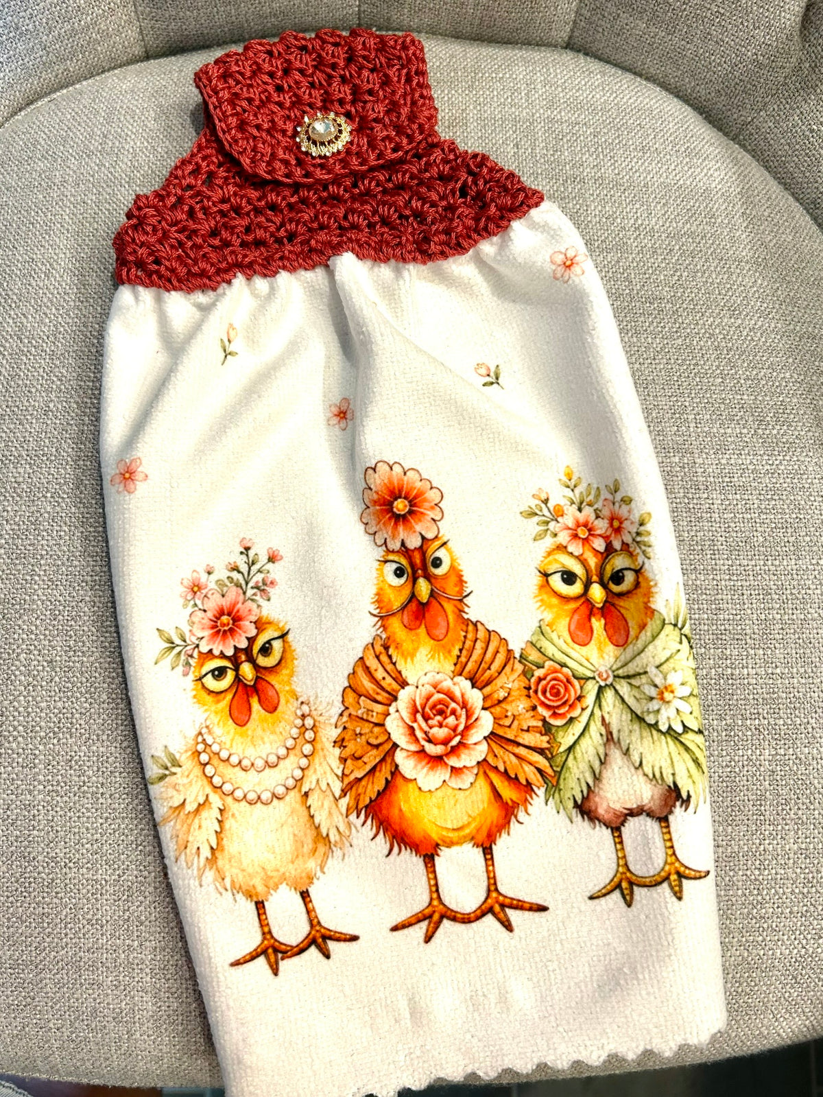 Chicken Hen Rooster | Crochet top kitchen towel | Farm Life | Fancy Hens Jewel Button | Home Decor Gift