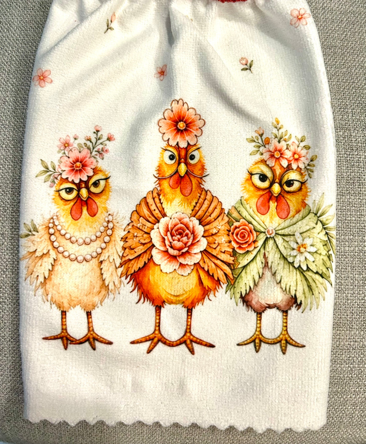 Chicken Hen Rooster | Crochet top kitchen towel | Farm Life | Fancy Hens Jewel Button | Home Decor Gift