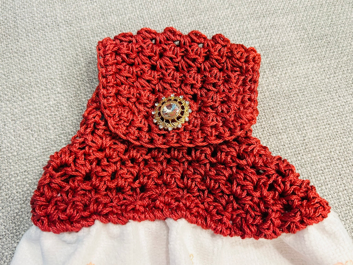 Chicken Hen Rooster | Crochet top kitchen towel | Farm Life | Fancy Hens Jewel Button | Home Decor Gift