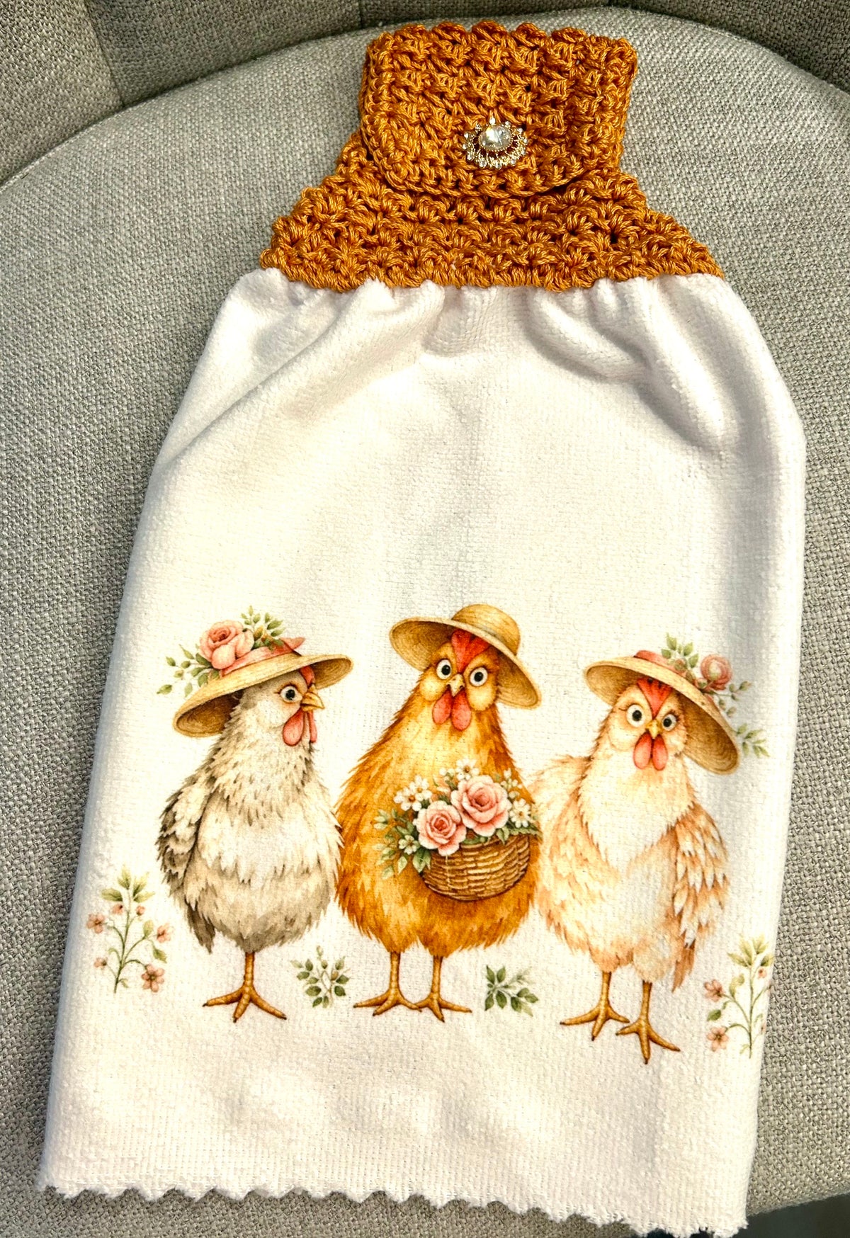 Chicken Hen Rooster | Crochet top kitchen towel | Farm Life | Fancy Hens Jewel Button | Home Decor Gift